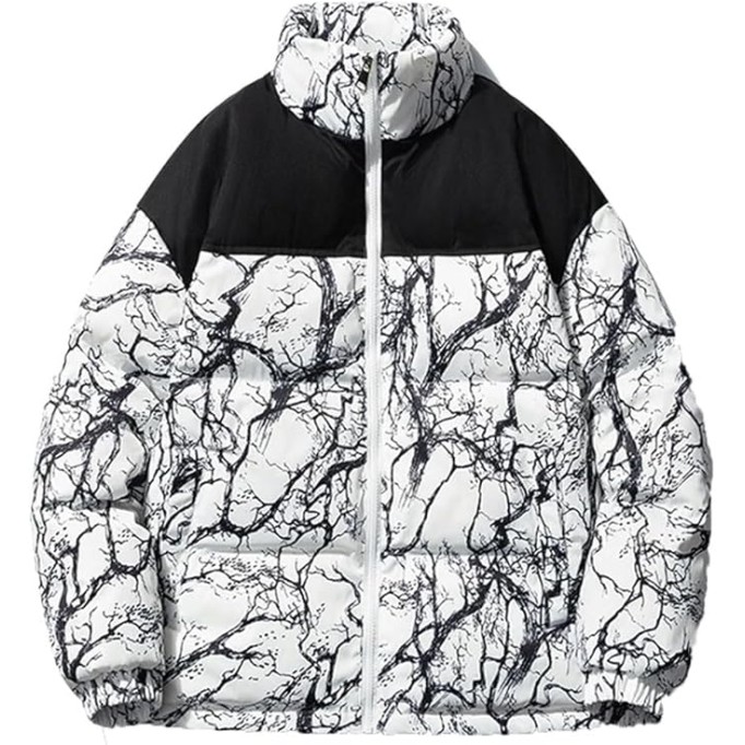 Men Print Down Jacket Coat Stand Collar Couple Oversized Zipper Warm Hip Hop Casual Jackets