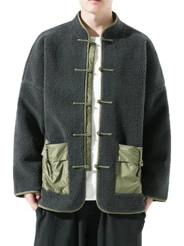 Men's Round Neck Lambhair Spliced Warm Chinese Style Jacket Solid Color Casual Loose Oversized Warm Jacket