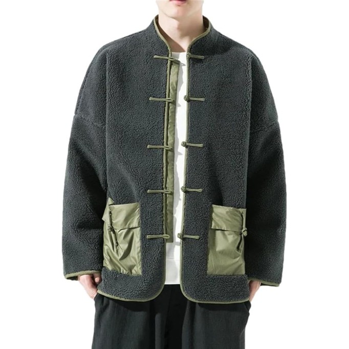 Men's Round Neck Lambhair Spliced Warm Chinese Style Jacket Solid Color Casual Loose Oversized Warm Jacket