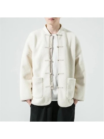 Men's Round Neck Lambhair Spliced Warm Chinese Style Jacket Solid Color Casual Loose Oversized Warm Jacket