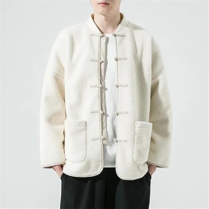 Men's Round Neck Lambhair Spliced Warm Chinese Style Jacket Solid Color Casual Loose Oversized Warm Jacket