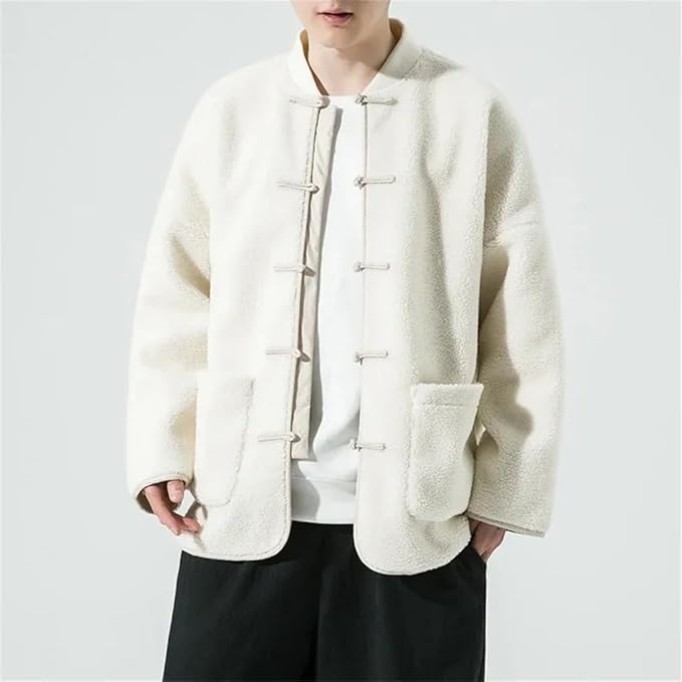 Men's Round Neck Lambhair Spliced Warm Chinese Style Jacket Solid Color Casual Loose Oversized Warm Jacket