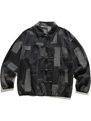 Men Patchwork Buckle Oversize Denim Jacket Classic Contrast Lapel Long Sleeve Jean Coat