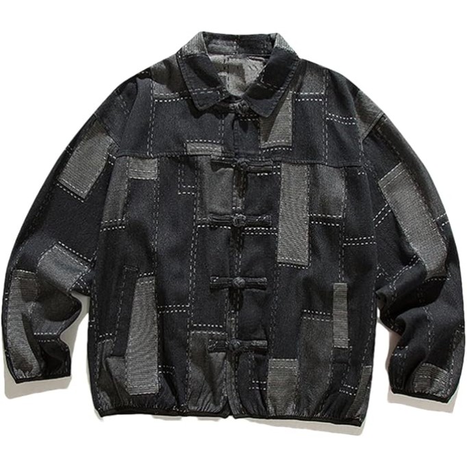 Men Patchwork Buckle Oversize Denim Jacket Classic Contrast Lapel Long Sleeve Jean Coat