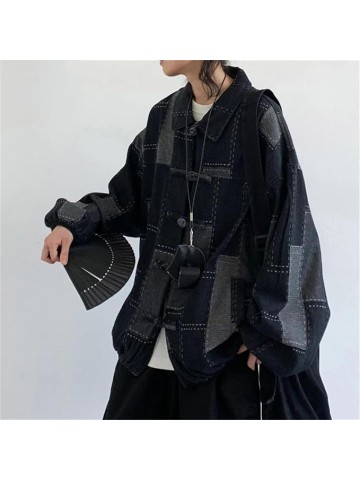 Men Patchwork Buckle Oversize Denim Jacket Classic Contrast Lapel Long Sleeve Jean Coat