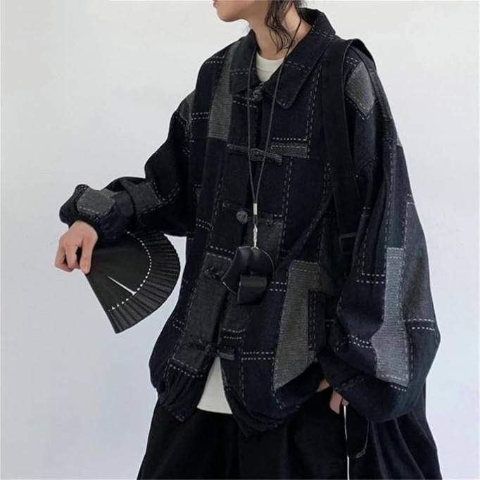 Men Patchwork Buckle Oversize Denim Jacket Classic Contrast Lapel Long Sleeve Jean Coat