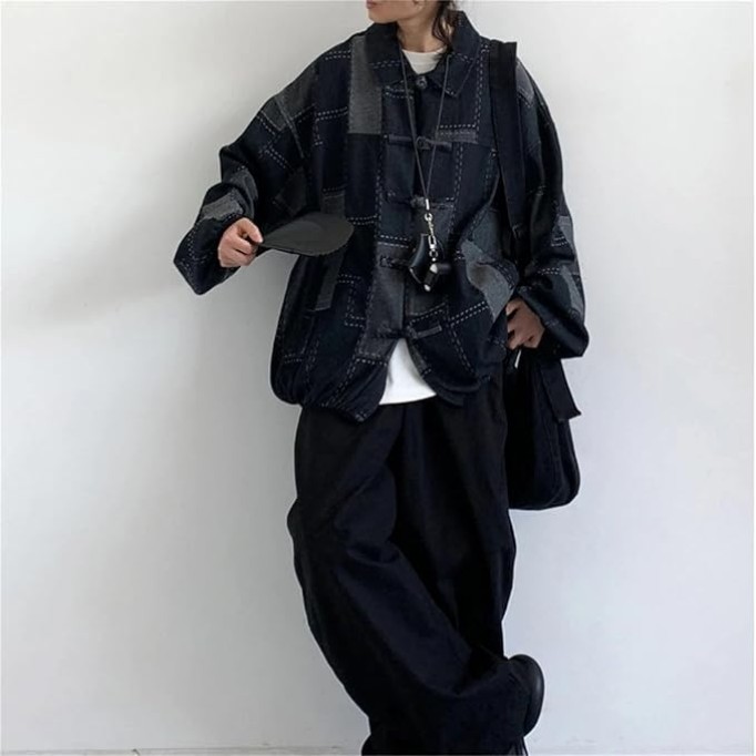 Men Patchwork Buckle Oversize Denim Jacket Classic Contrast Lapel Long Sleeve Jean Coat