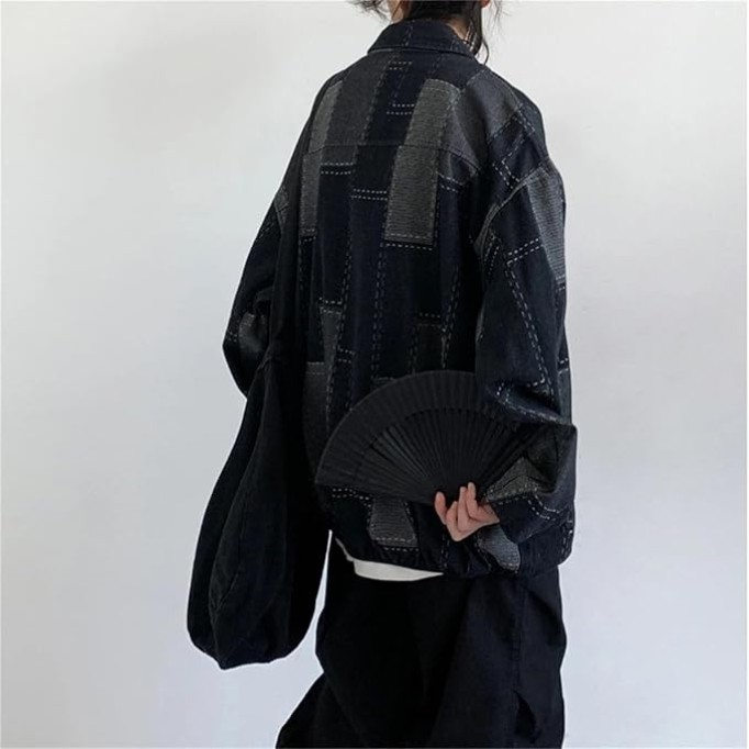 Men Patchwork Buckle Oversize Denim Jacket Classic Contrast Lapel Long Sleeve Jean Coat
