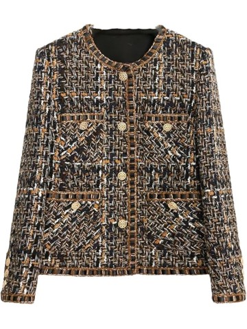 Womens Coffee Plaid Tweed Jacket Classic Jacket, Versatile Small Fragrant Style Jacket