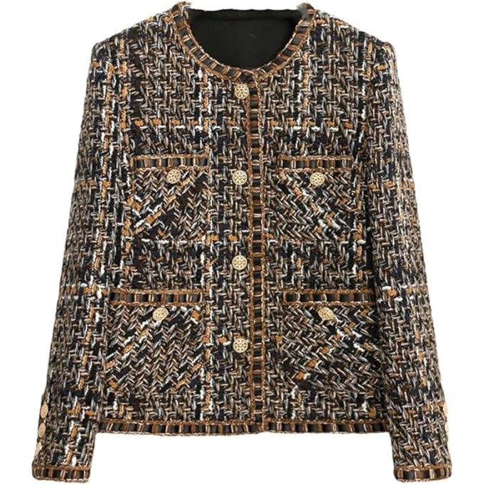 Womens Coffee Plaid Tweed Jacket Classic Jacket, Versatile Small Fragrant Style Jacket