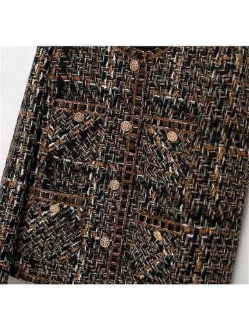 Womens Coffee Plaid Tweed Jacket Classic Jacket, Versatile Small Fragrant Style Jacket