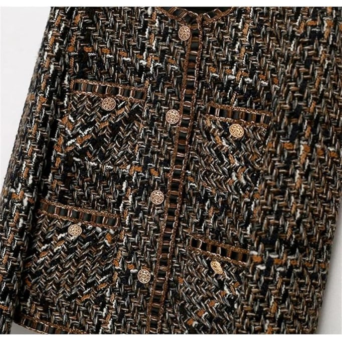 Womens Coffee Plaid Tweed Jacket Classic Jacket, Versatile Small Fragrant Style Jacket
