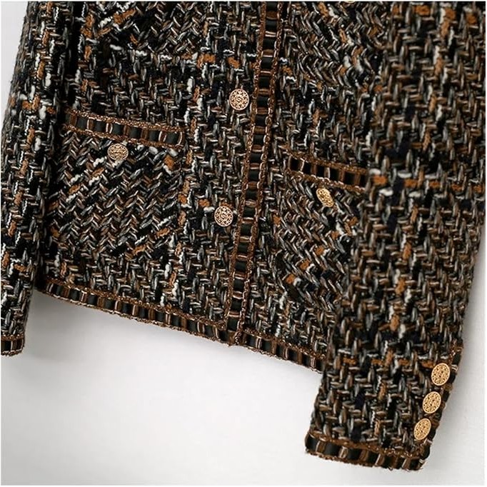 Womens Coffee Plaid Tweed Jacket Classic Jacket, Versatile Small Fragrant Style Jacket