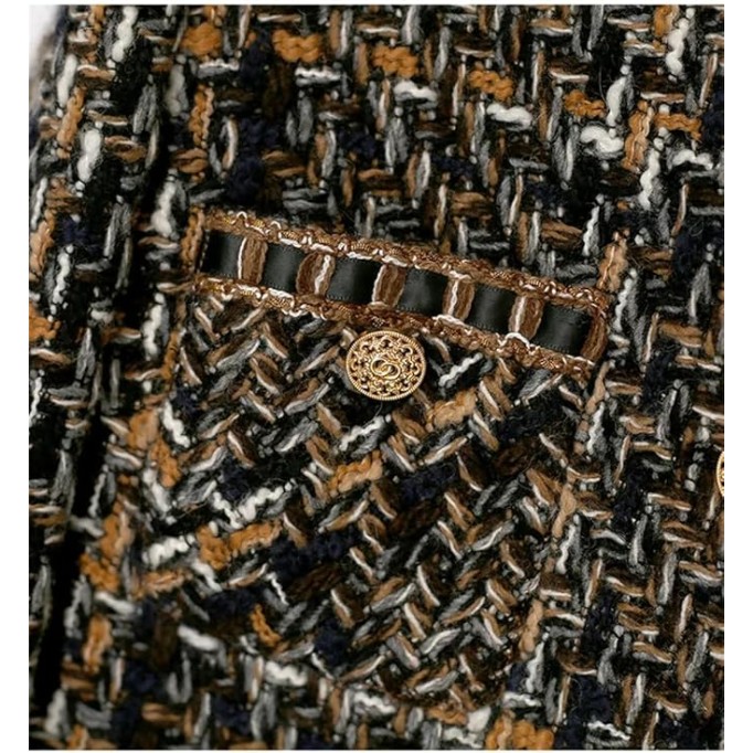 Womens Coffee Plaid Tweed Jacket Classic Jacket, Versatile Small Fragrant Style Jacket