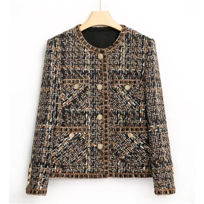 Womens Coffee Plaid Tweed Jacket Classic Jacket, Versatile Small Fragrant Style Jacket