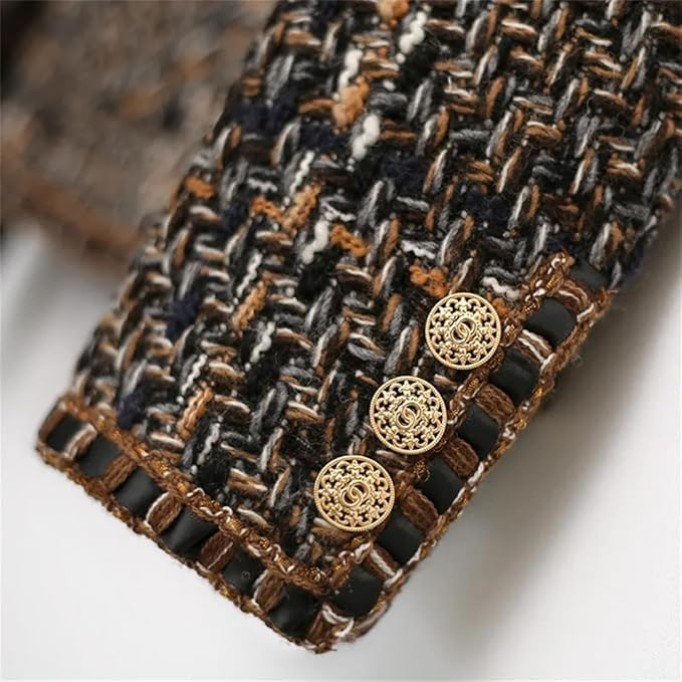 Womens Coffee Plaid Tweed Jacket Classic Jacket, Versatile Small Fragrant Style Jacket