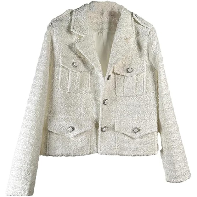 Womens Small Fragrant White Thin Coat Long Sleeve Lapel Pink Chic French Tweed Jacket