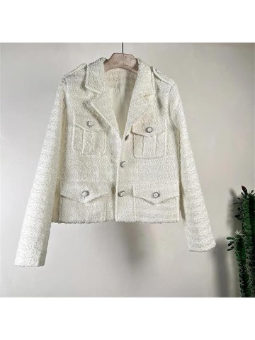 Womens Small Fragrant White Thin Coat Long Sleeve Lapel Pink Chic French Tweed Jacket