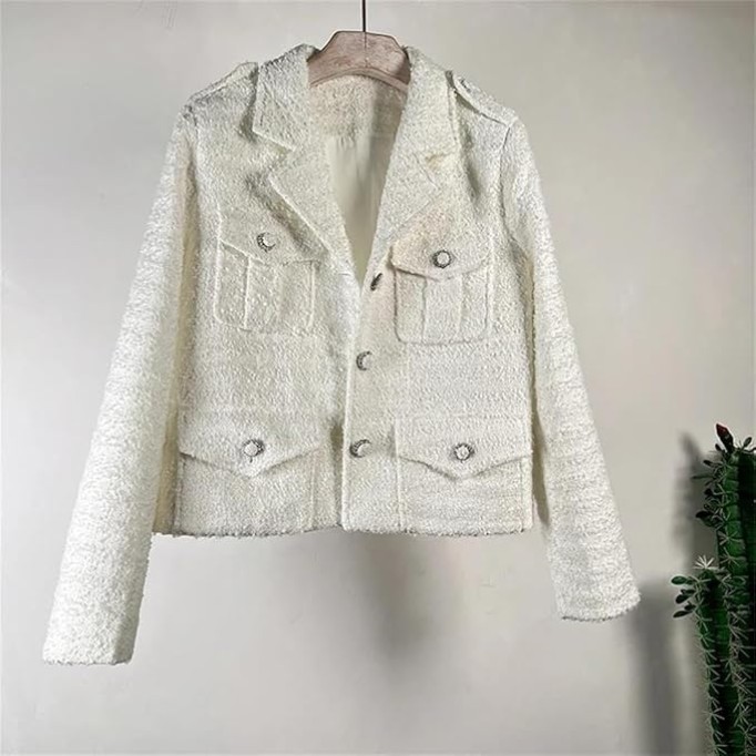 Womens Small Fragrant White Thin Coat Long Sleeve Lapel Pink Chic French Tweed Jacket