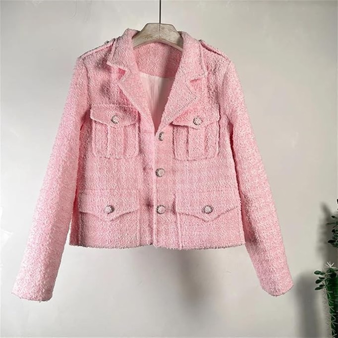 Womens Small Fragrant White Thin Coat Long Sleeve Lapel Pink Chic French Tweed Jacket