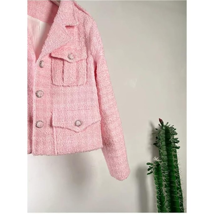 Womens Small Fragrant White Thin Coat Long Sleeve Lapel Pink Chic French Tweed Jacket