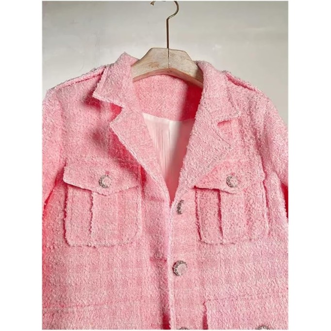 Womens Small Fragrant White Thin Coat Long Sleeve Lapel Pink Chic French Tweed Jacket