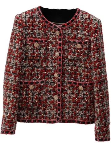 Womens Red Christmas Tweed Coat Small Fragrance O Neck Sequins Elegant Vintage Jacket