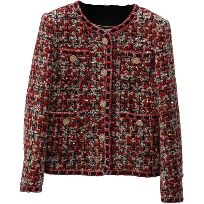 Womens Red Christmas Tweed Coat Small Fragrance O Neck Sequins Elegant Vintage Jacket