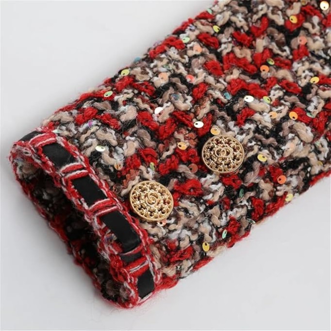 Womens Red Christmas Tweed Coat Small Fragrance O Neck Sequins Elegant Vintage Jacket
