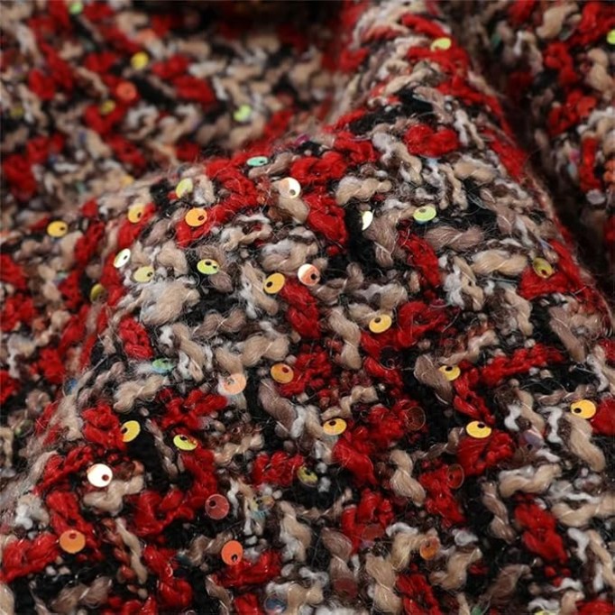 Womens Red Christmas Tweed Coat Small Fragrance O Neck Sequins Elegant Vintage Jacket