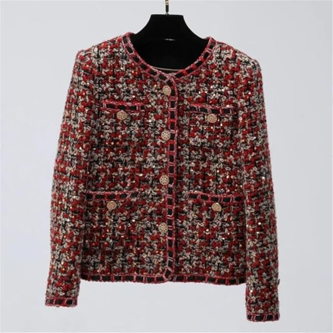 Womens Red Christmas Tweed Coat Small Fragrance O Neck Sequins Elegant Vintage Jacket