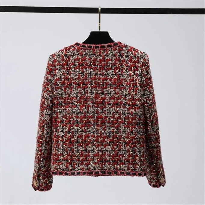 Womens Red Christmas Tweed Coat Small Fragrance O Neck Sequins Elegant Vintage Jacket