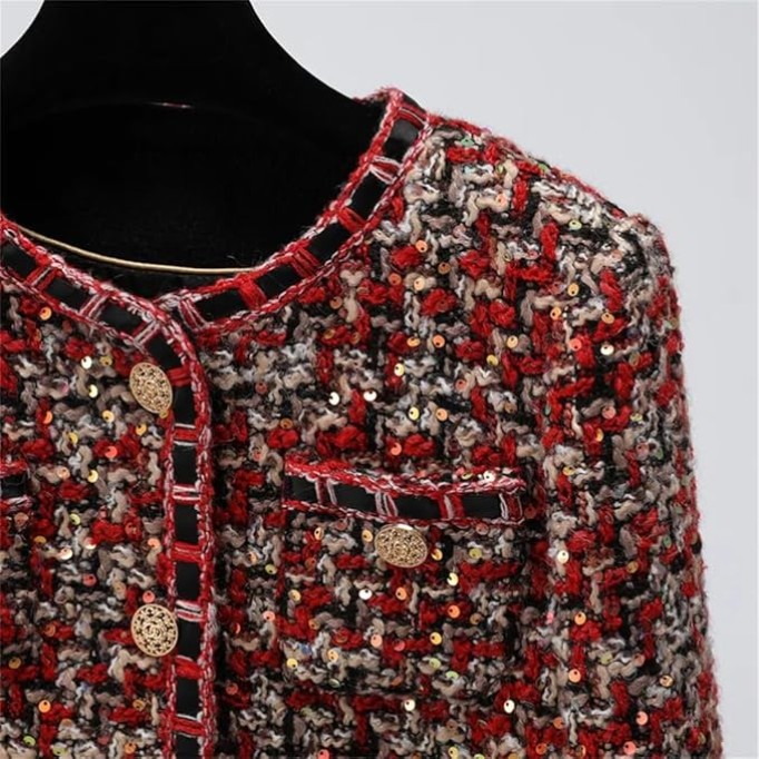 Womens Red Christmas Tweed Coat Small Fragrance O Neck Sequins Elegant Vintage Jacket