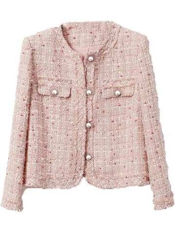 Womens Pink Dotted Tweed Jacket Woolen Coat Elegant Style One-Piece Wool Classic Jacket