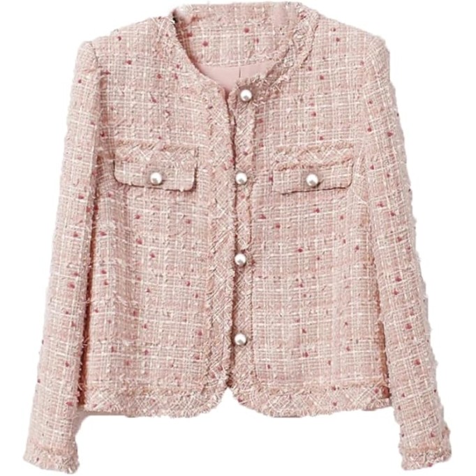 Womens Pink Dotted Tweed Jacket Woolen Coat Elegant Style One-Piece Wool Classic Jacket