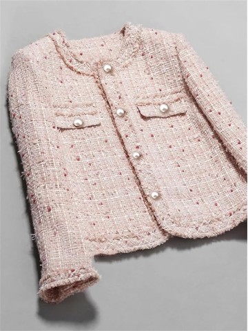 Womens Pink Dotted Tweed Jacket Woolen Coat Elegant Style One-Piece Wool Classic Jacket