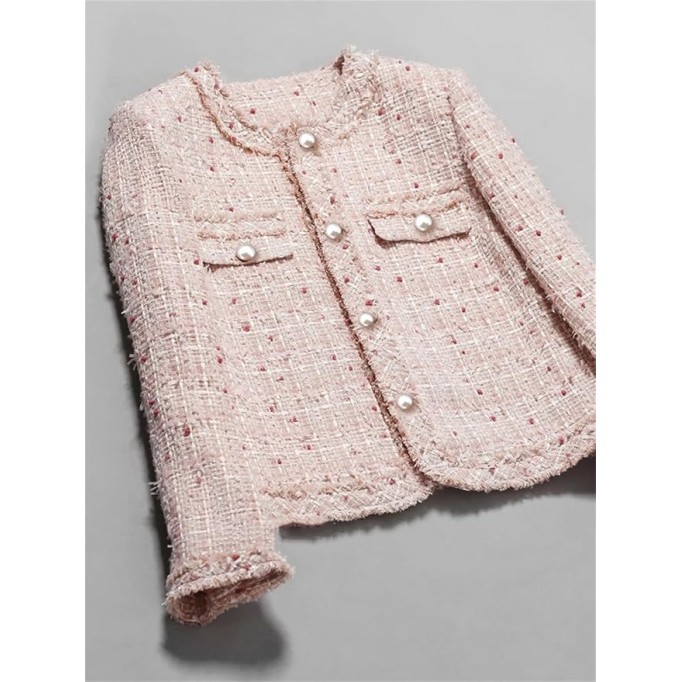 Womens Pink Dotted Tweed Jacket Woolen Coat Elegant Style One-Piece Wool Classic Jacket