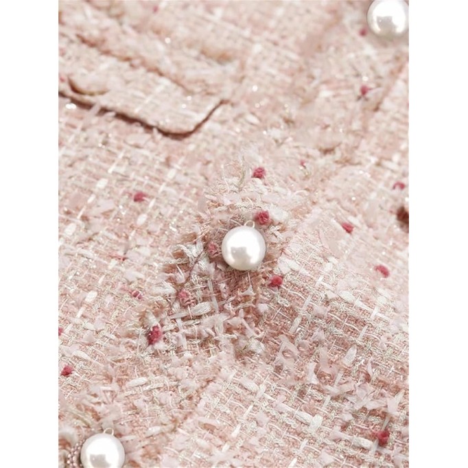 Womens Pink Dotted Tweed Jacket Woolen Coat Elegant Style One-Piece Wool Classic Jacket