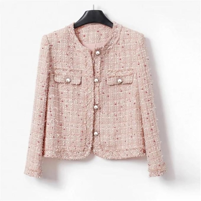 Womens Pink Dotted Tweed Jacket Woolen Coat Elegant Style One-Piece Wool Classic Jacket