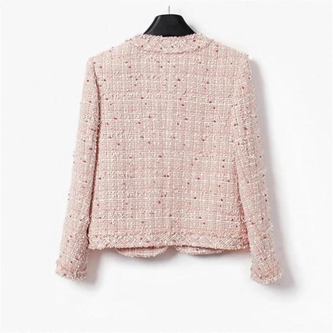 Womens Pink Dotted Tweed Jacket Woolen Coat Elegant Style One-Piece Wool Classic Jacket