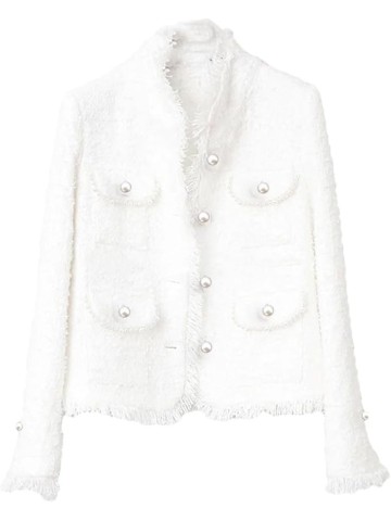 Womens Tweed Jacket White Pearl Inlaid Pocket Jacket Slim Slimming Tweed Jacket Coat