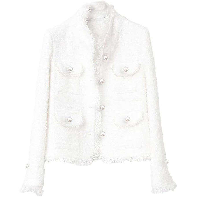 Womens Tweed Jacket White Pearl Inlaid Pocket Jacket Slim Slimming Tweed Jacket Coat