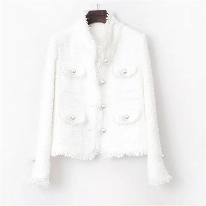 Womens Tweed Jacket White Pearl Inlaid Pocket Jacket Slim Slimming Tweed Jacket Coat