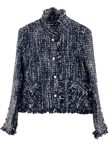 Womens Dark Blue Tweed Jacket Jacket Coat Classic Ladies Wild Bright Wire Braided Tweed Jacket