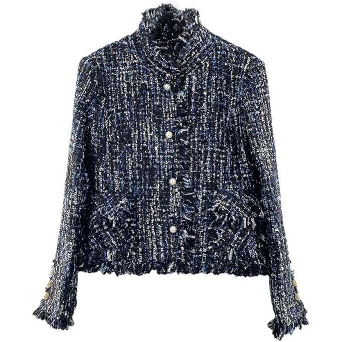 Womens Dark Blue Tweed Jacket Jacket Coat Classic Ladies Wild Bright Wire Braided Tweed Jacket