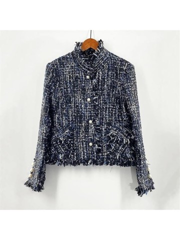 Womens Dark Blue Tweed Jacket Jacket Coat Classic Ladies Wild Bright Wire Braided Tweed Jacket