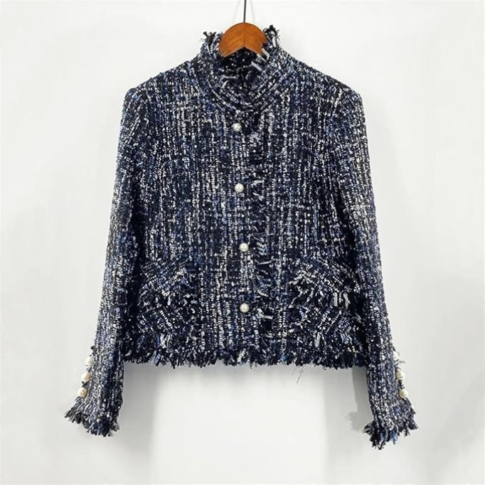 Womens Dark Blue Tweed Jacket Jacket Coat Classic Ladies Wild Bright Wire Braided Tweed Jacket