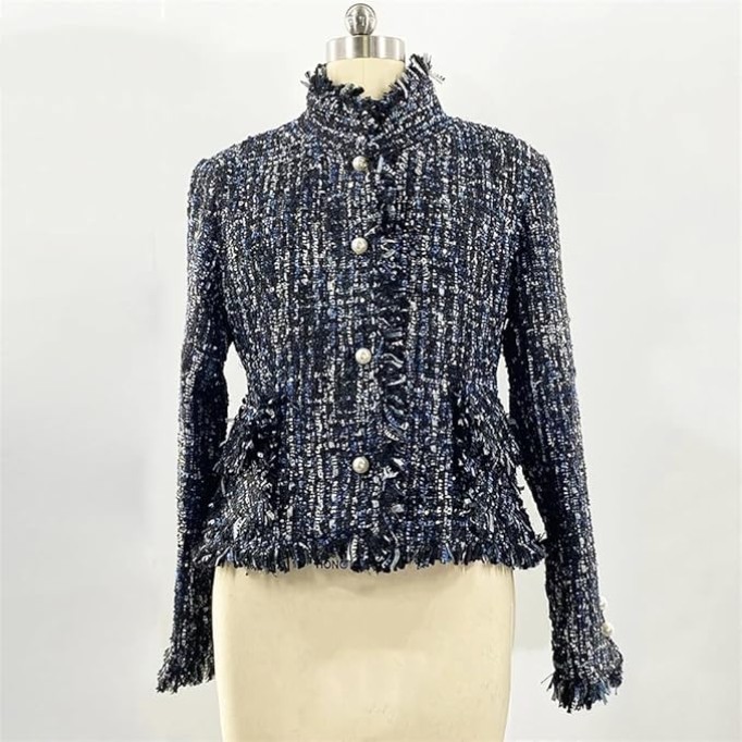 Womens Dark Blue Tweed Jacket Jacket Coat Classic Ladies Wild Bright Wire Braided Tweed Jacket