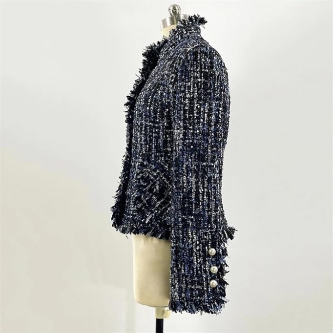Womens Dark Blue Tweed Jacket Jacket Coat Classic Ladies Wild Bright Wire Braided Tweed Jacket