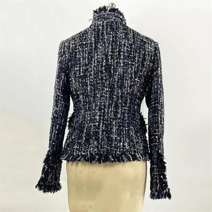 Womens Dark Blue Tweed Jacket Jacket Coat Classic Ladies Wild Bright Wire Braided Tweed Jacket